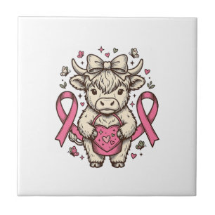 Highland Cow Cancer Awareness Ribbon Cute Calf Des Ceramic Tile