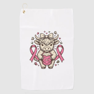 Highland Cow Cancer Awareness Ribbon Cute Calf Des Golf Towel