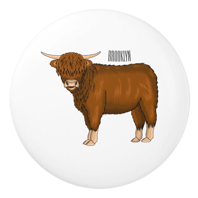 Highland cow cartoon illustration  ceramic knob (Front)