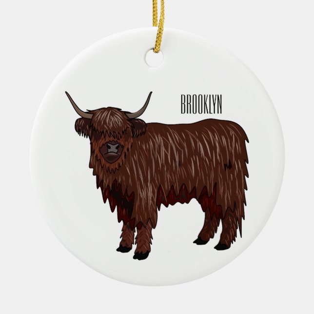 Highland cow cartoon illustration  ceramic ornament (Front)