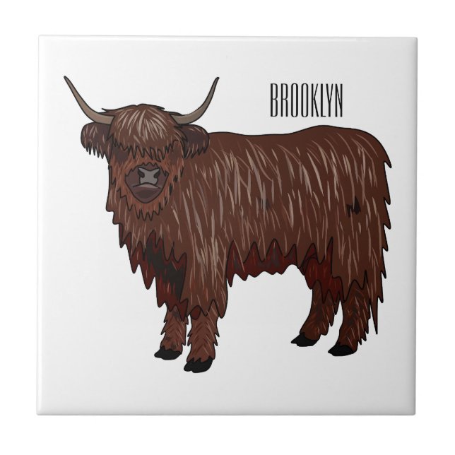 Highland cow cartoon illustration  ceramic tile (Front)