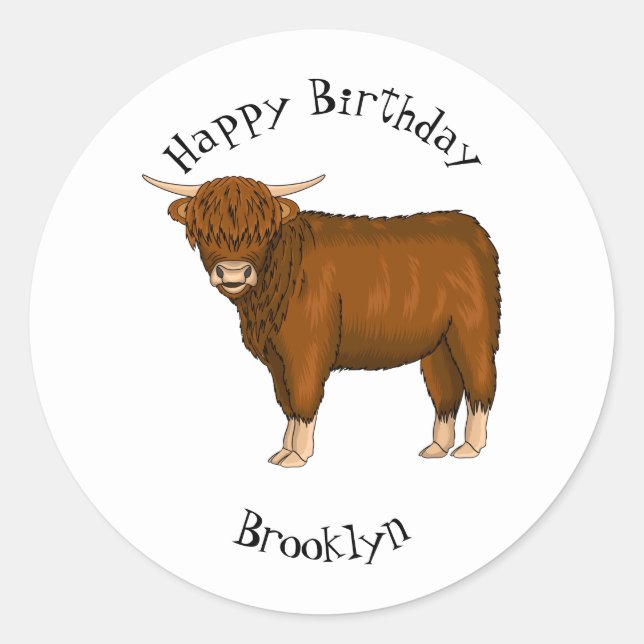 Highland cow cartoon illustration  classic round sticker (Front)