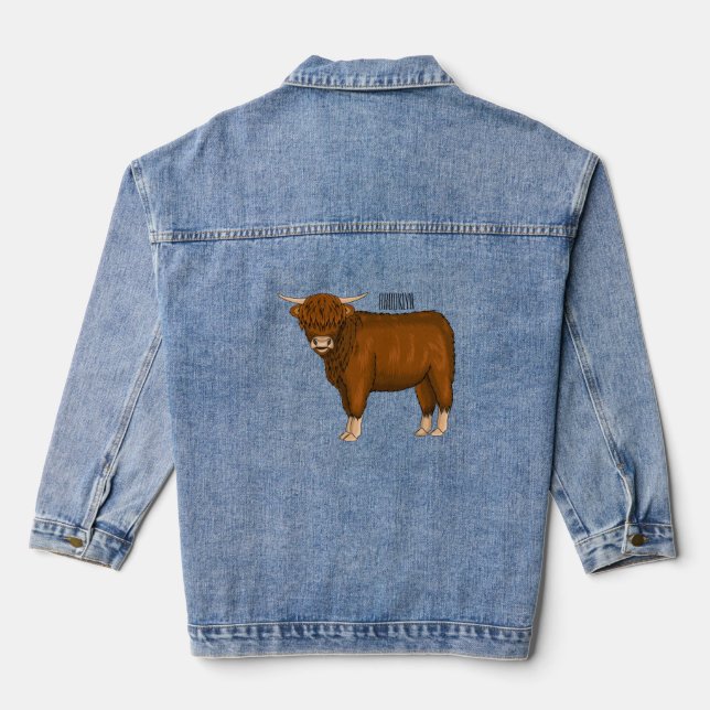 Highland cow cartoon illustration  denim jacket (Back)