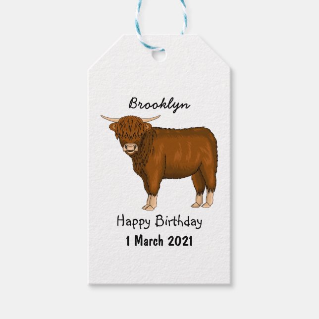 Highland cow cartoon illustration gift tags (Front)