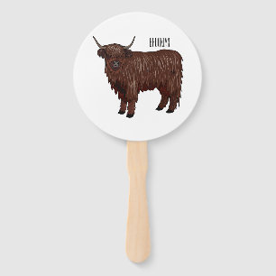 Highland cow cartoon illustration  hand fan