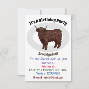 Highland cow cartoon illustration invitation