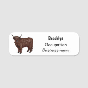 Highland cow cartoon illustration name tag