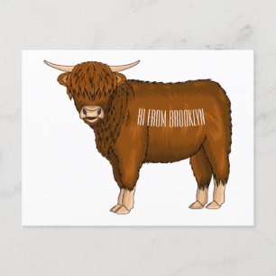 Highland cow cartoon illustration postcard