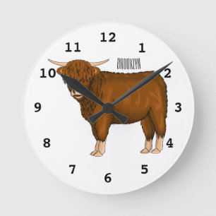 Highland cow cartoon illustration round clock