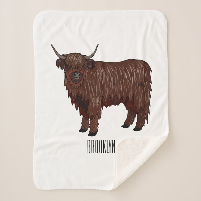 Highland cow cartoon illustration sherpa blanket (Front)