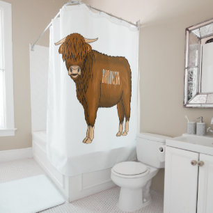 Highland cow cartoon illustration shower curtain