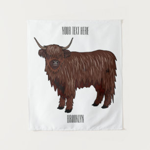 Highland cow cartoon illustration tapestry