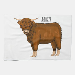 Highland cow cartoon illustration tea towel