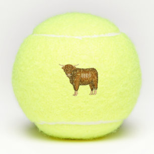 Highland cow cartoon illustration tennis balls