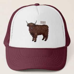 Highland cow cartoon illustration  trucker hat