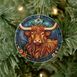 Highland Cow Ceramic Decorative Stained glass look Ornament