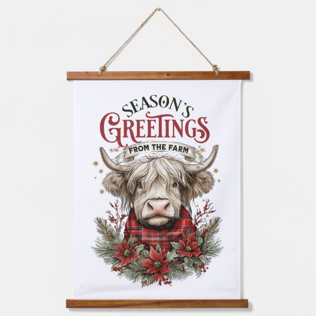 Highland Cow Christmas Art – Rustic Farmhouse  Hanging Tapestry (Front)