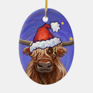 Highland Cow Christmas Ceramic Ornament