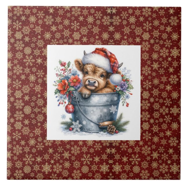 Highland Cow Christmas Ceramic Tile (Front)
