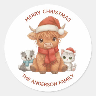 Highland Cow Christmas Custom Family Name Classic Round Sticker
