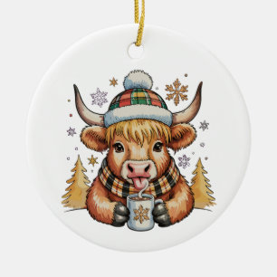 Highland Cow Christmas Fluffy Cosy Cute Gold Xmas Ceramic Ornament