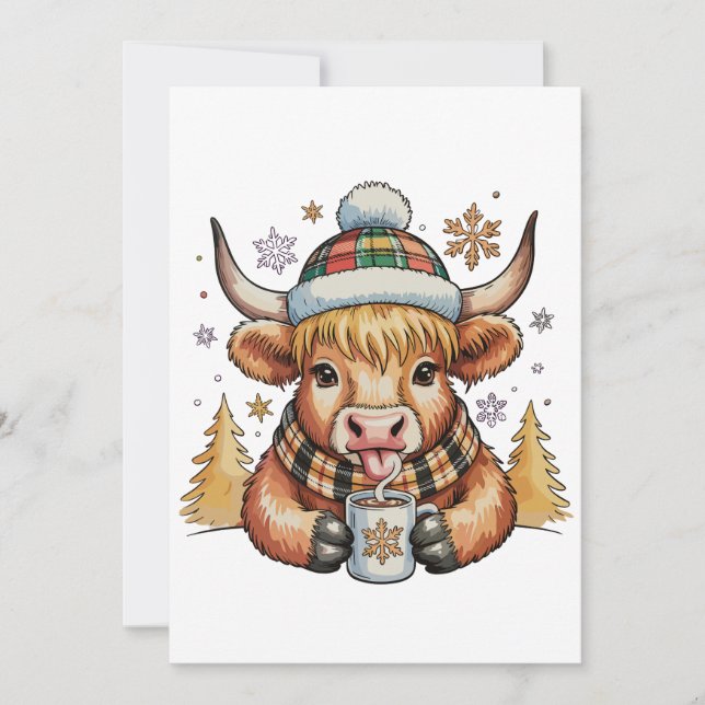 Highland Cow Christmas Fluffy Cosy Cute Gold Xmas Holiday Card (Front)
