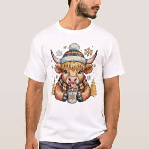 Highland Cow Christmas Fluffy Cosy Cute Gold Xmas T-Shirt