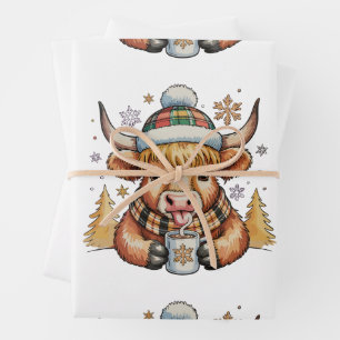 Highland Cow Christmas Fluffy Cosy Cute Gold Xmas Wrapping Paper Sheet