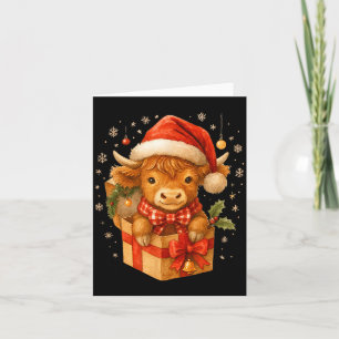 Highland Cow Christmas In Box Watercolor Santa Hat Card