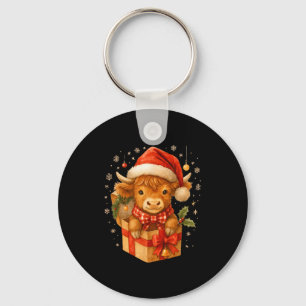 Highland Cow Christmas In Box Watercolor Santa Hat Key Ring