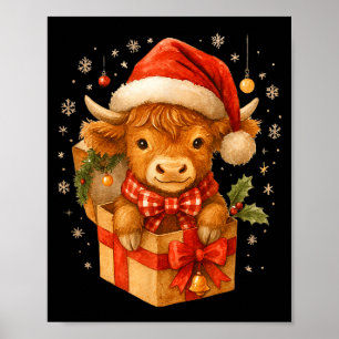 Highland Cow Christmas In Box Watercolor Santa Hat Poster