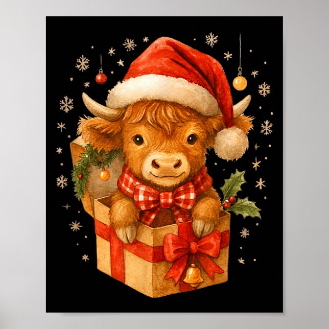 Highland Cow Christmas In Box Watercolor Santa Hat Poster (Front)