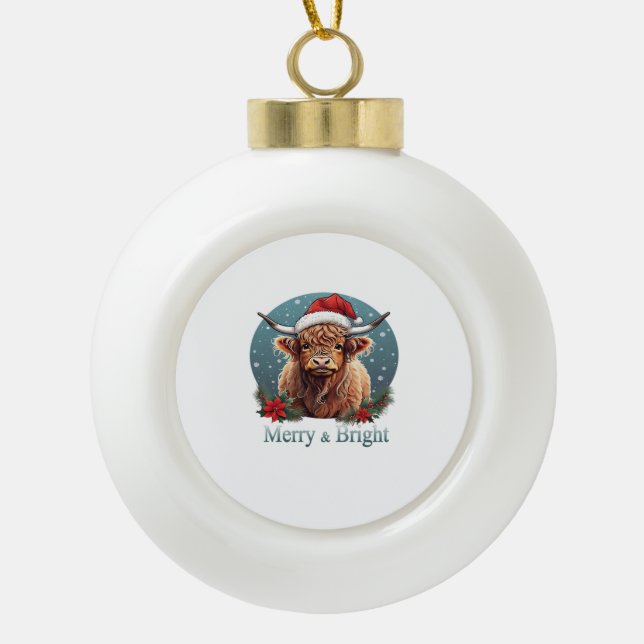 Highland Cow Christmas Merry and Bright, Scottish, Ceramic Ball Christmas Ornament (Front)