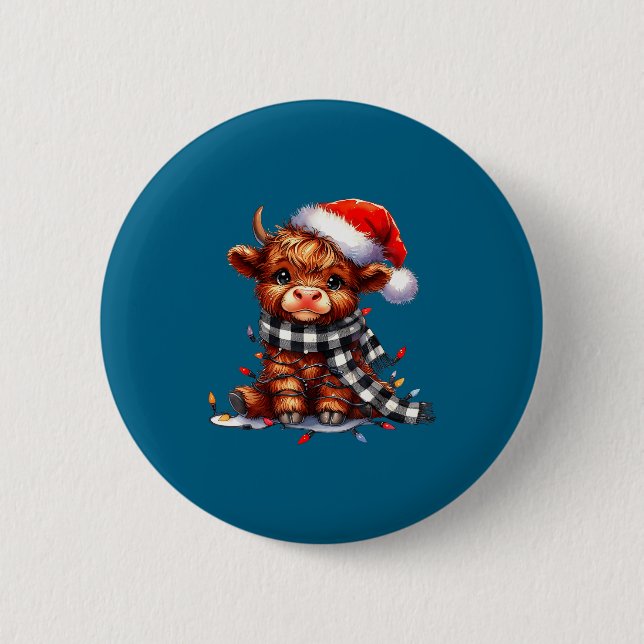 Highland Cow Christmas Santa Hat Mooey Xmas Heifer 6 Cm Round Badge (Front)
