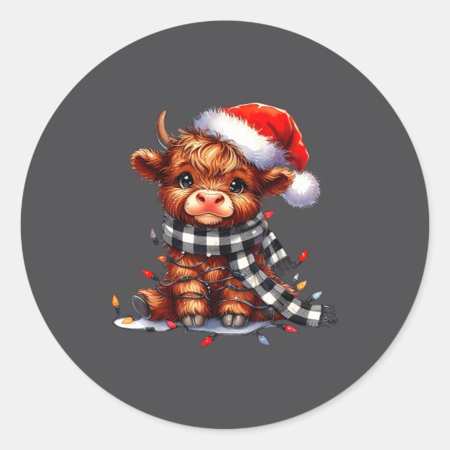 Highland Cow Christmas Santa Hat Mooey Xmas Heifer Classic Round Sticker (Front)