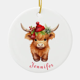 Highland Cow Christmas Santa Hat Personalised Ceramic Ornament