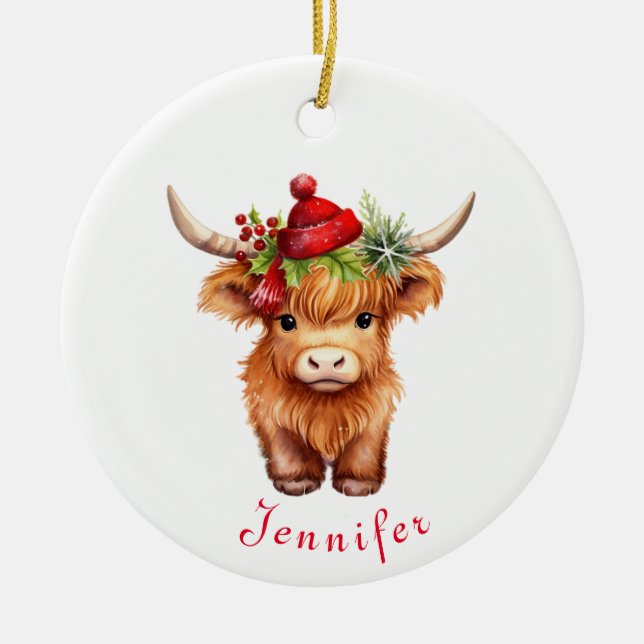 Highland Cow Christmas Santa Hat Personalised Ceramic Ornament (Front)
