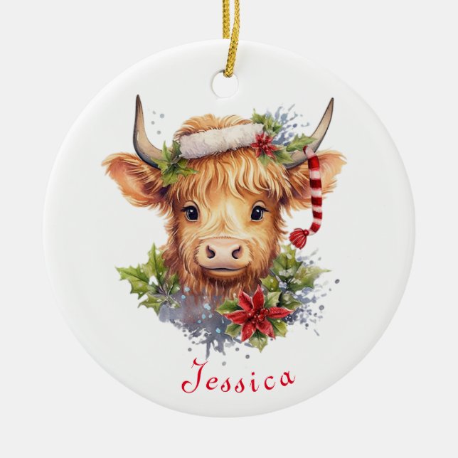 Highland Cow Christmas Santa Hat Personalised Ceramic Ornament (Front)