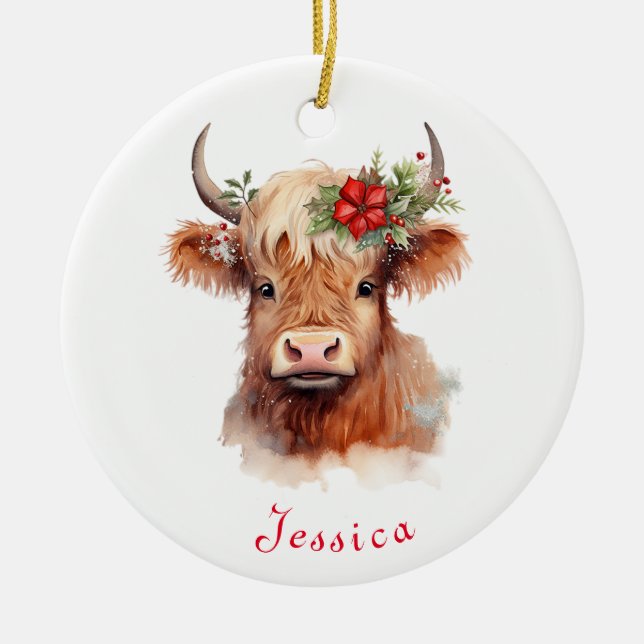 Highland Cow Christmas Santa Hat Personalised Name Ceramic Ornament (Front)