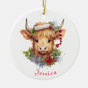 Highland Cow Christmas Santa Hat Personalized Ceramic Ornament