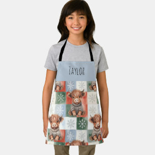 Highland Cow Christmas Snowy Personalized Kids Apron