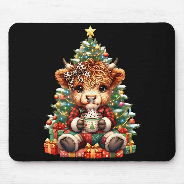 Highland Cow Christmas Tree Cute Heifer Cow Mooey  Mouse Pad (Front)