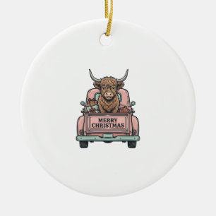 Highland Cow Christmas Truck Vintage Engraving Shi Ceramic Ornament