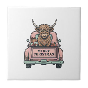 Highland Cow Christmas Truck Vintage Engraving Shi Ceramic Tile