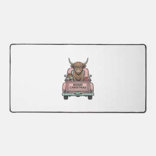 Highland Cow Christmas Truck Vintage Engraving Shi Desk Mat