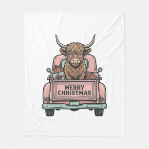 Highland Cow Christmas Truck Vintage Engraving Shi Fleece Blanket