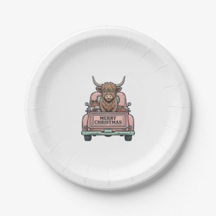 Highland Cow Christmas Truck Vintage Engraving Shi Paper Plate