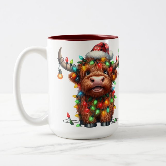 Highland Cow Christmas Two-Tone Coffee Mug (Left)