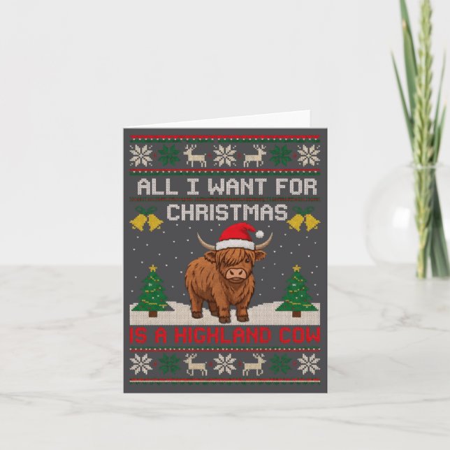 Highland Cow Christmas Ugly Sweater Style Festive  Card (Front)