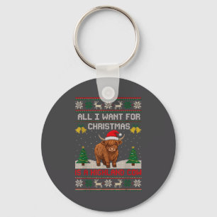 Highland Cow Christmas Ugly Sweater Style Festive Key Ring
